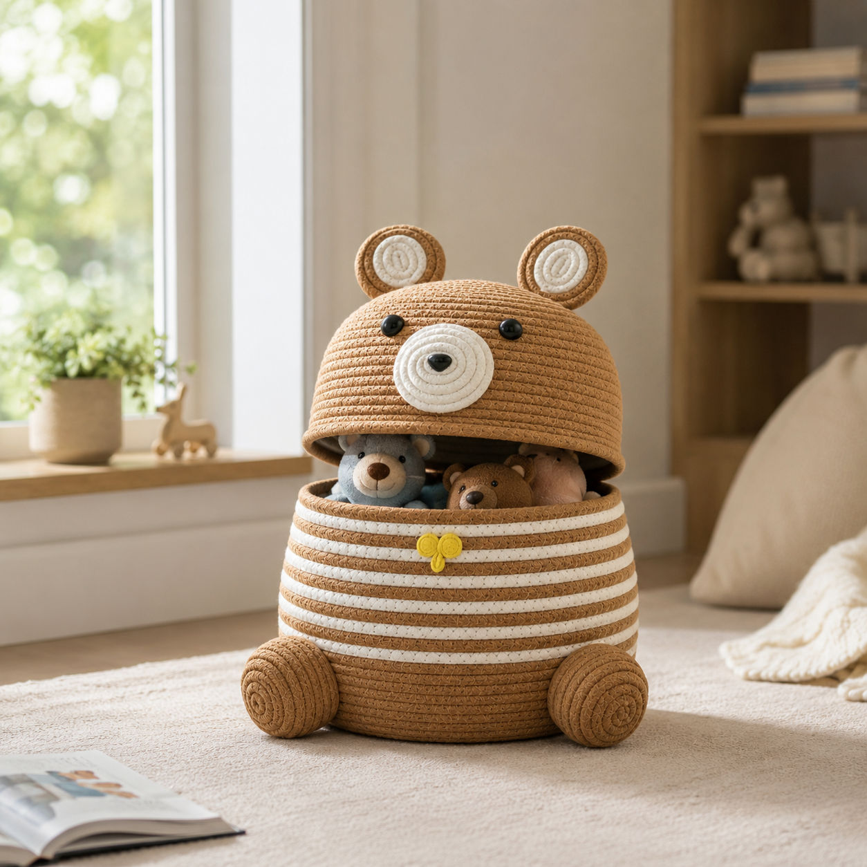 Jute & Cotton Bear Head Basket Organizer